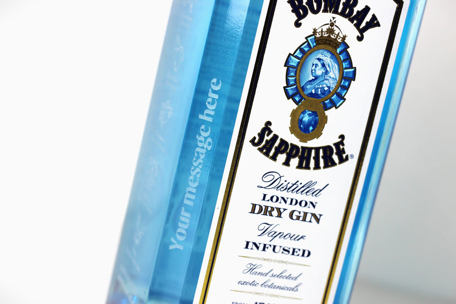 Bombay Sapphire Gin 70cl/700ml with Personalised Engraved Message, with Jewelled Bar Spoon & Spirit Measure, 40% ABV