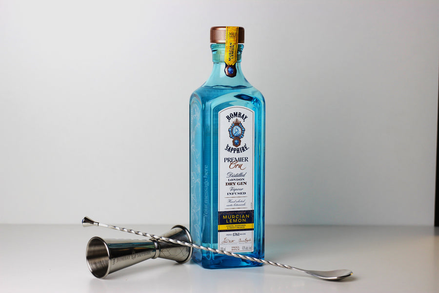 Bombay Sapphire Premier Cru Murcian Lemon Gin 70cl/700ml with Personalised Engraved Message, with Jewelled Bar Spoon & Spirit Measure, 47% ABV