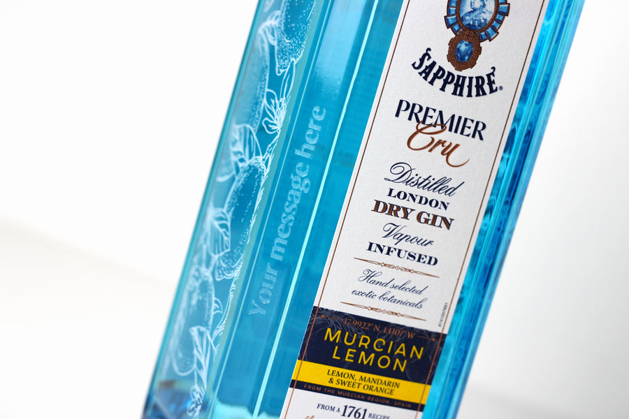 Bombay Sapphire Premier Cru Murcian Lemon Gin 70cl/700ml with Personalised Engraved Message, with Jewelled Bar Spoon & Spirit Measure, 47% ABV